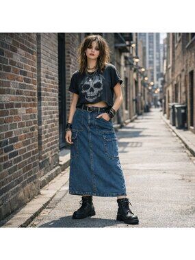 Miou Muse Midi Denim Cargo Straight Skirt Size Small Front Slit Pockets Utility